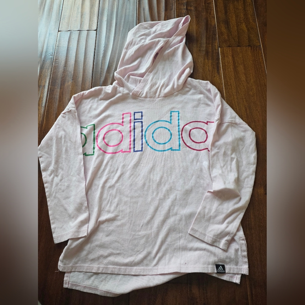 Adidas Girls Pullover Hoodie Long sleeve Light Pink Multicolor Logo Small (7/8)